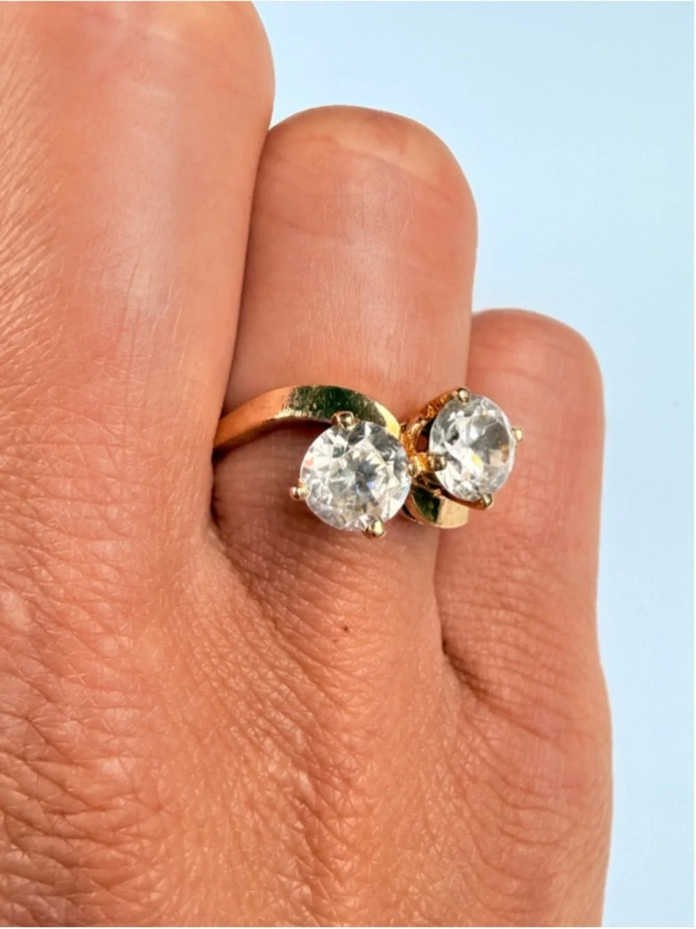 14K Solid Yellow Gold 2 CT White Topaz Toi Et Moi Art Deco Revival VTG RIng